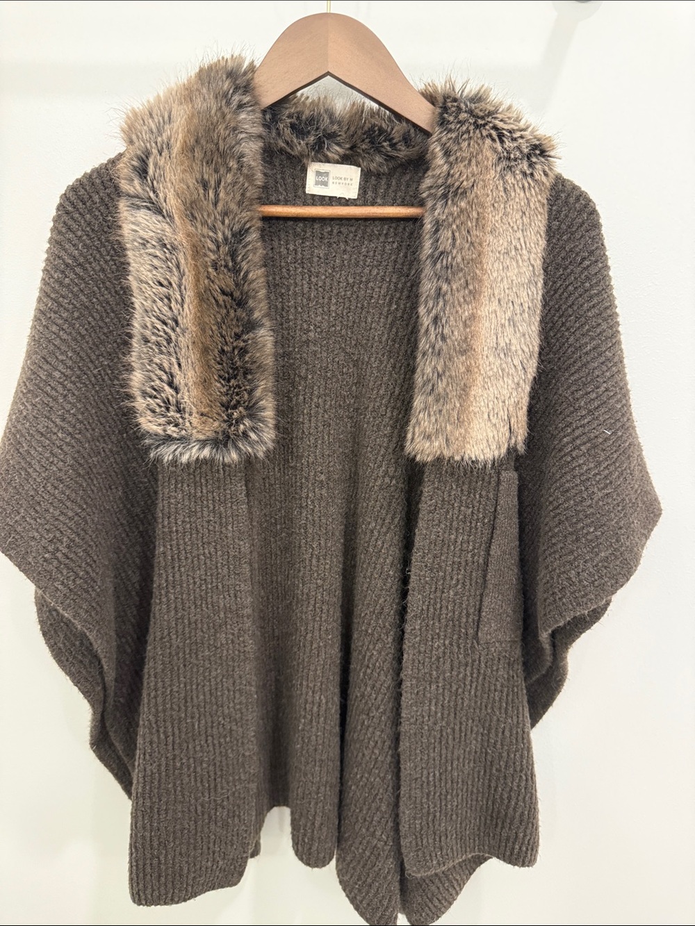 Cozy Faux Fur Trim Brown Knit Poncho Sweater